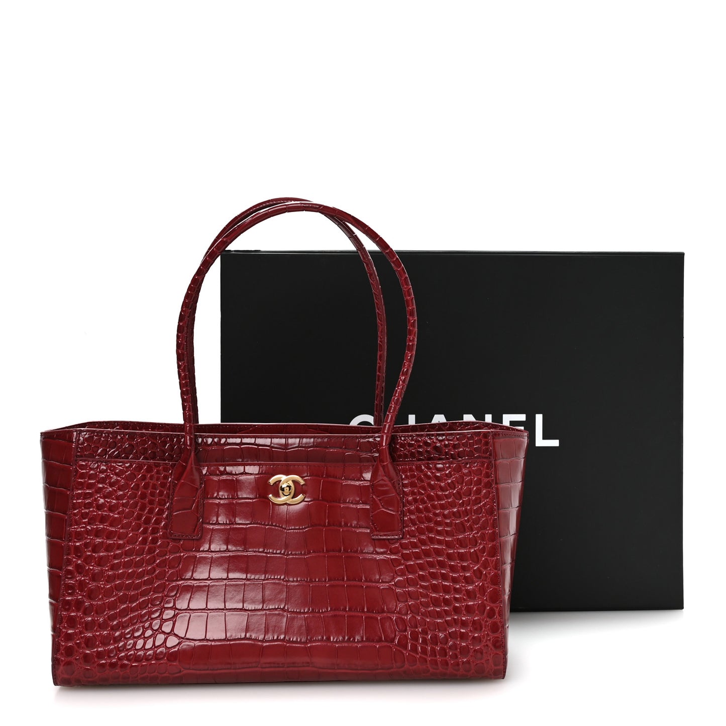 Calfskin Crocodile Embossed Archetype Small Shopping Tote Burgundy