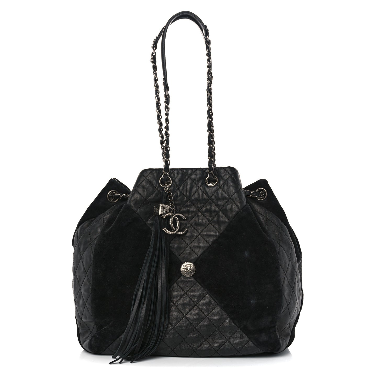 Goatskin Suede Calfskin Quilted Patchwork Drawstring Bag Black