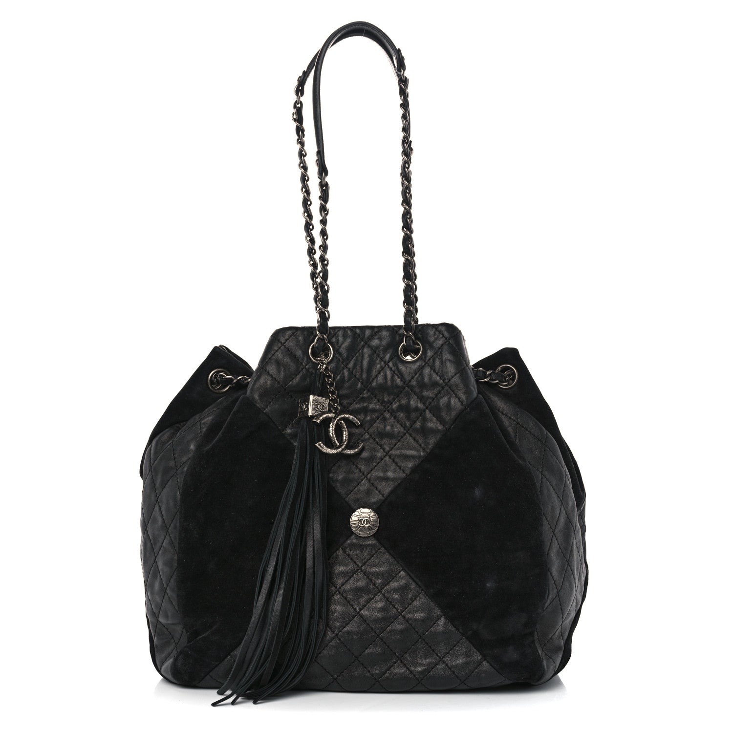 Chanel Goatskin Suede Calfskin Quilted Patchwork Drawstring Bag Black 1 of 14