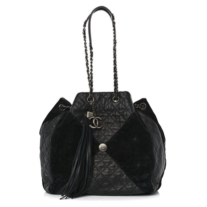 Chanel Goatskin Suede Calfskin Quilted Patchwork Drawstring Bag Black 1 of 14