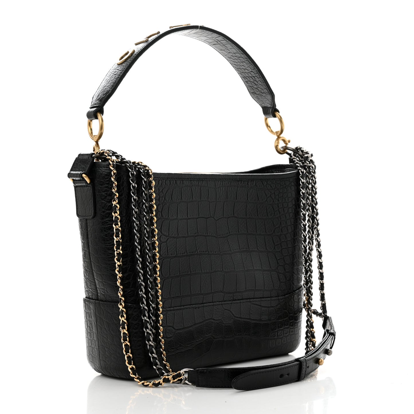 Crocodile Embossed Calfskin Medium Gabrielle Cocodile Hobo Black