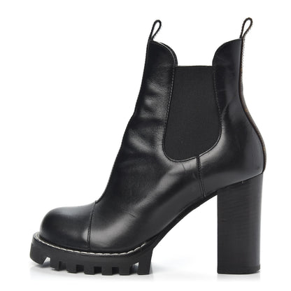 Louis Vuitton Calfskin Monogram Uniformes Chelsea Lug Sole 80mm Ankle Boots 37.5 Black 1 of 7