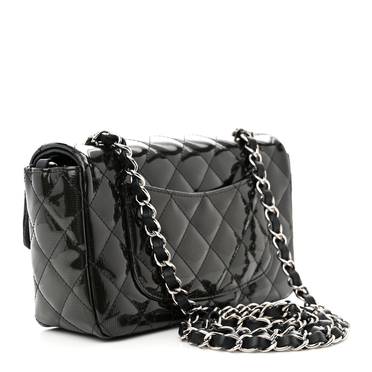 Striated Patent Quilted Mini Rectangular Flap Black