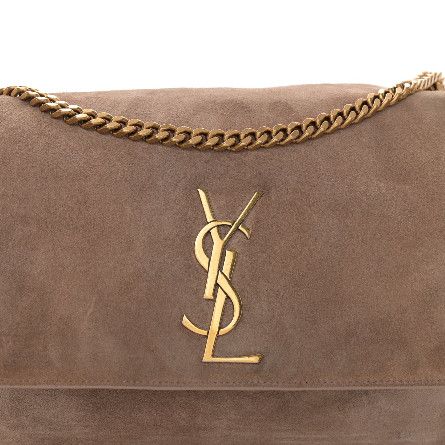 Smooth Calfskin Suede Medium Reversible Monogram Kate Satchel Taupe