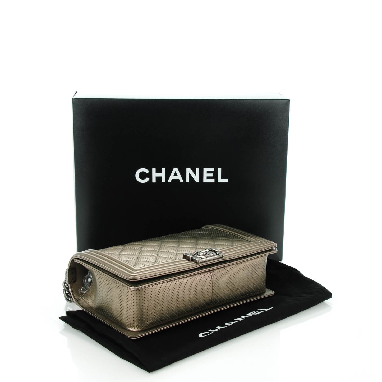 Metallic Lambskin Perforated New Medium Boy Flap Dark Silver