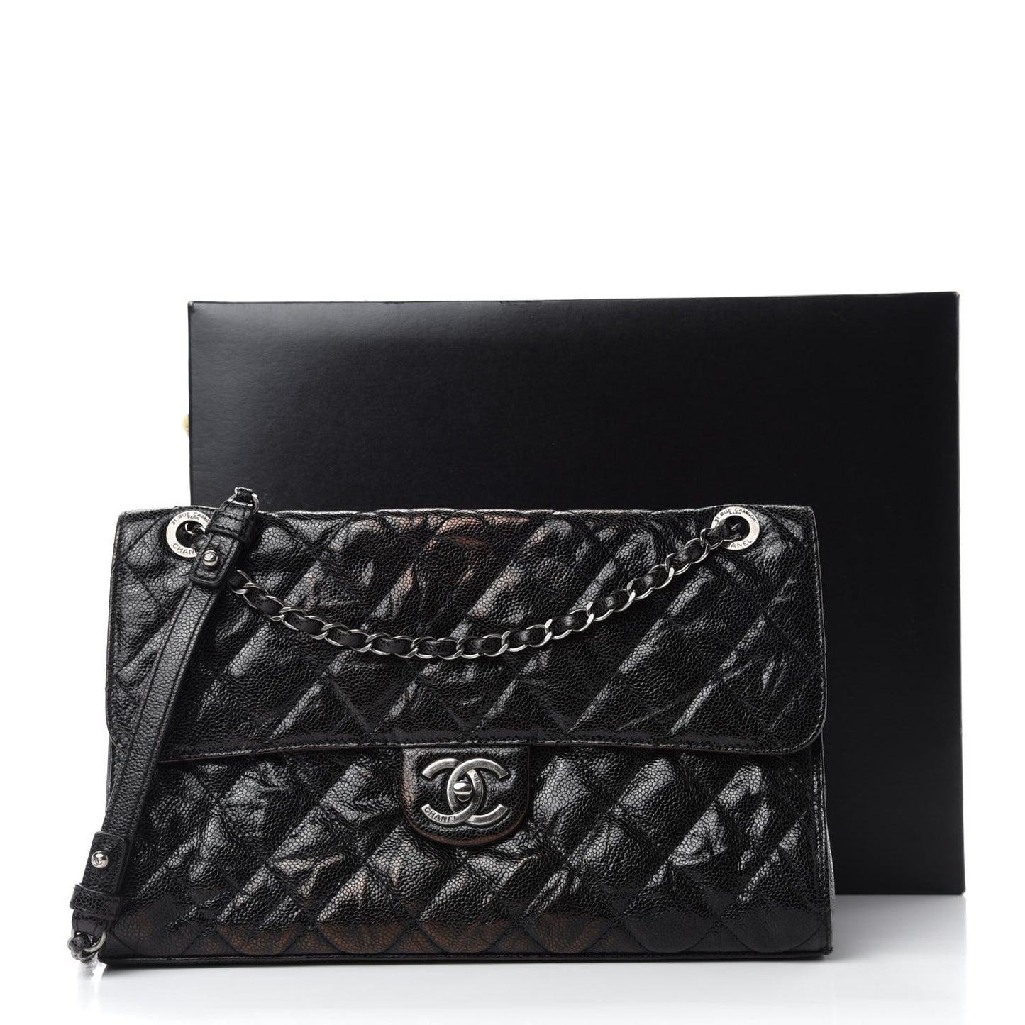Crumpled Grained Calfskin Jumbo CC Crave Flap Black
