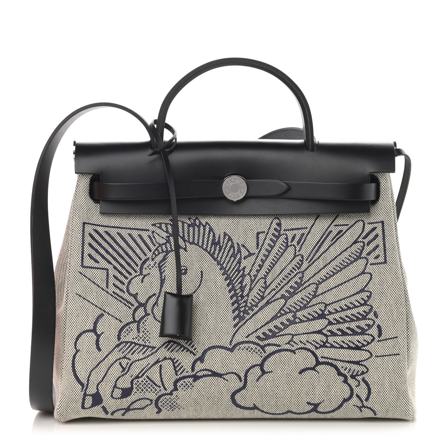 Hermes Vache Hunter Toile H Pegase Pop Herbag Zip Retourne 31 PM Bleu Indigo Ecru Black 3 of 13