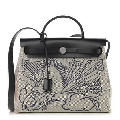 Hermes Vache Hunter Toile H Pegase Pop Herbag Zip Retourne 31 PM Bleu Indigo Ecru Black 3 of 13