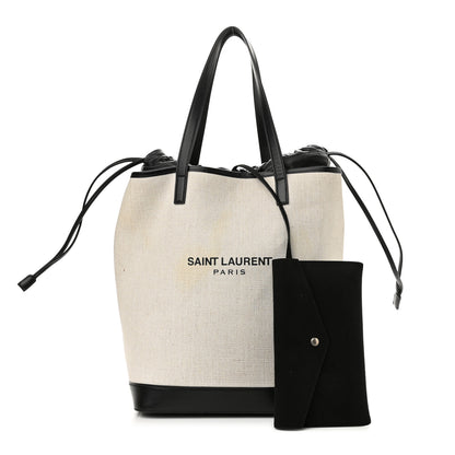 Saint Laurent Canvas Calfskin Teddy Drawstring Shopping Tote White Black 1 of 10