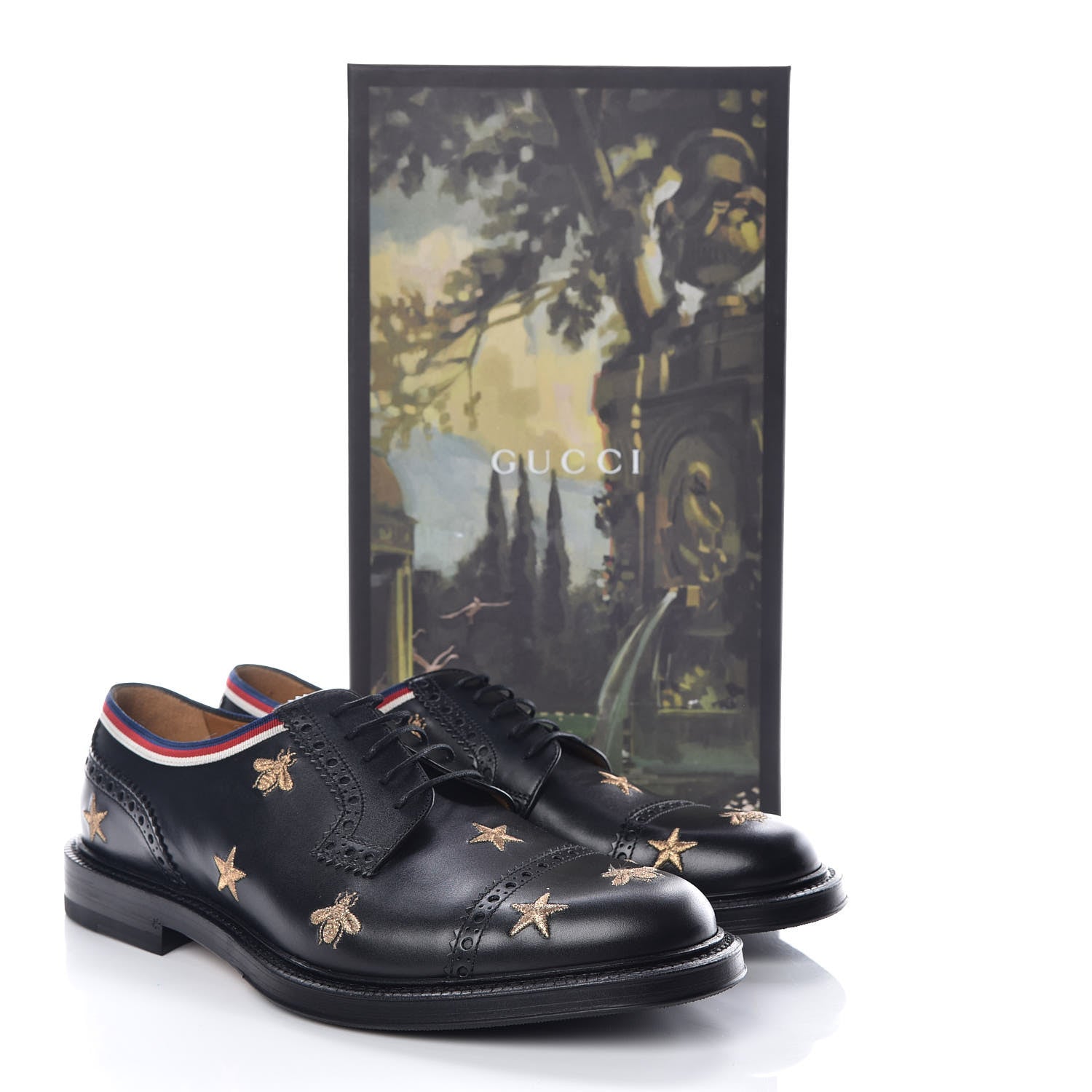 Gucci Calfskin Bee Star Embroidered Mens Captoe Derby Loafers 8.5 Black 11 of 11