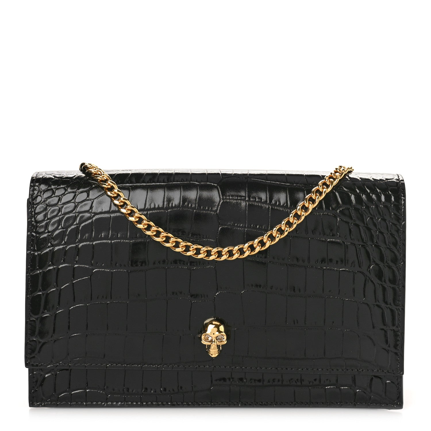 Alexander McQueen Calfskin Crocodile Embossed Skull Medium Shoulder Bag Black 1 of 8