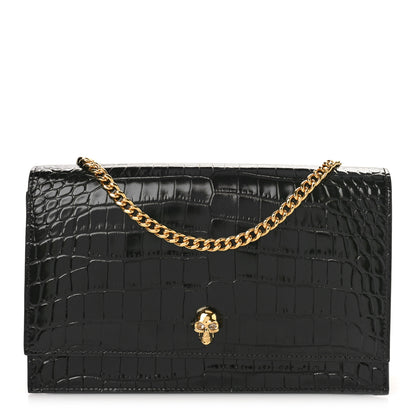 Alexander McQueen Calfskin Crocodile Embossed Skull Medium Shoulder Bag Black 1 of 8