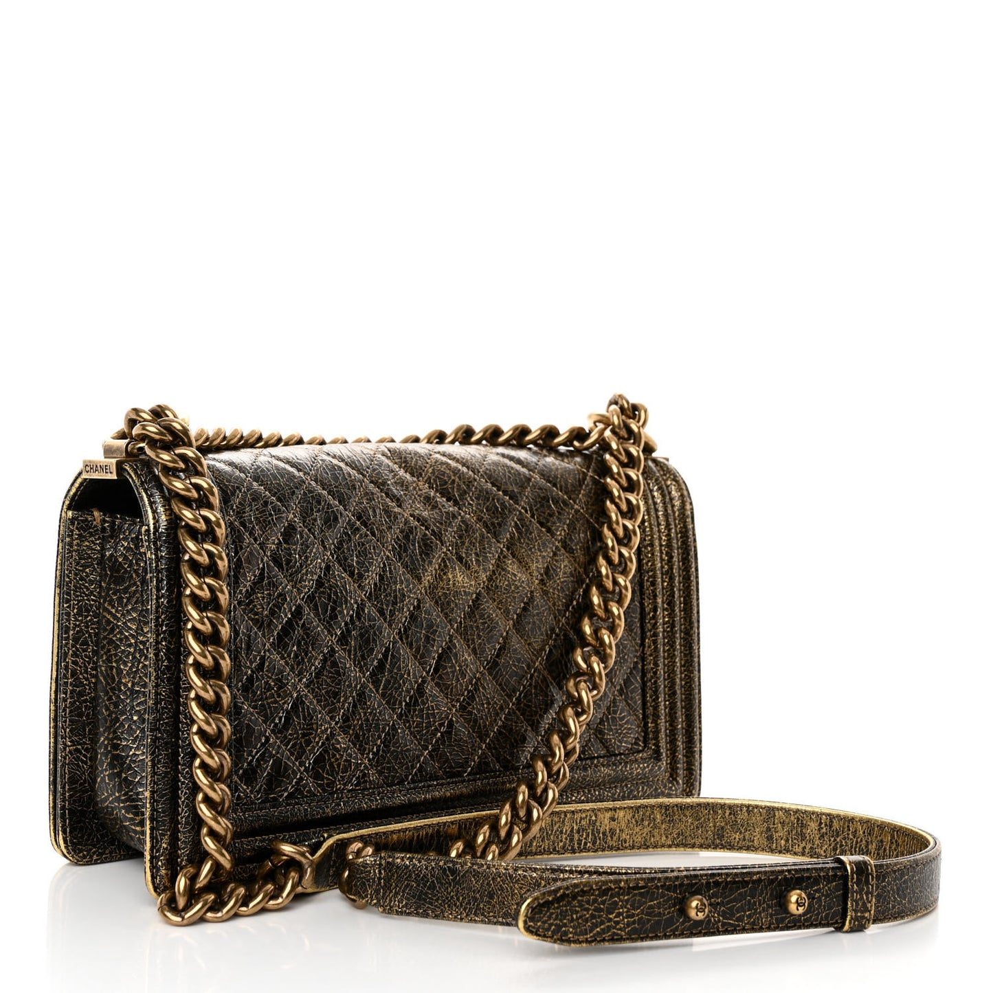 Cracked Metallic Calfskin Quilted Medium Boy Flap Gold