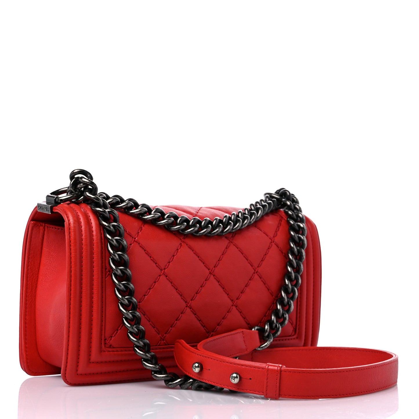 Calfskin Quilted Double Stitch Medium Boy Flap Red