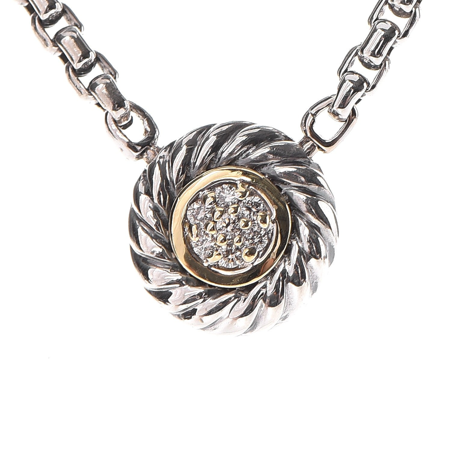 David Yurman Sterling Silver 18K Yellow Gold Diamond 12mm Pave Cookie Necklace 4 of 5