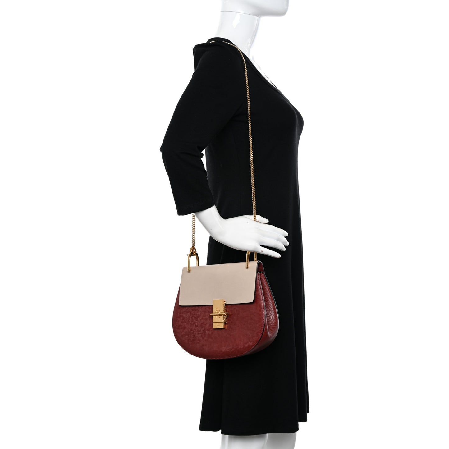 Grained Calfskin Lambskin Bi-Color Drew Shoulder Bag Beige Brown