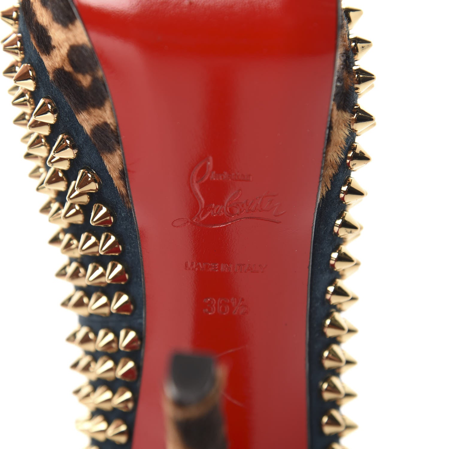 Christian Louboutin Veau Velours Calf Hair Leopard Lady Peep Spikes VIP 150 Pumps 36.5 Blue Khol Bronze 7 of 9