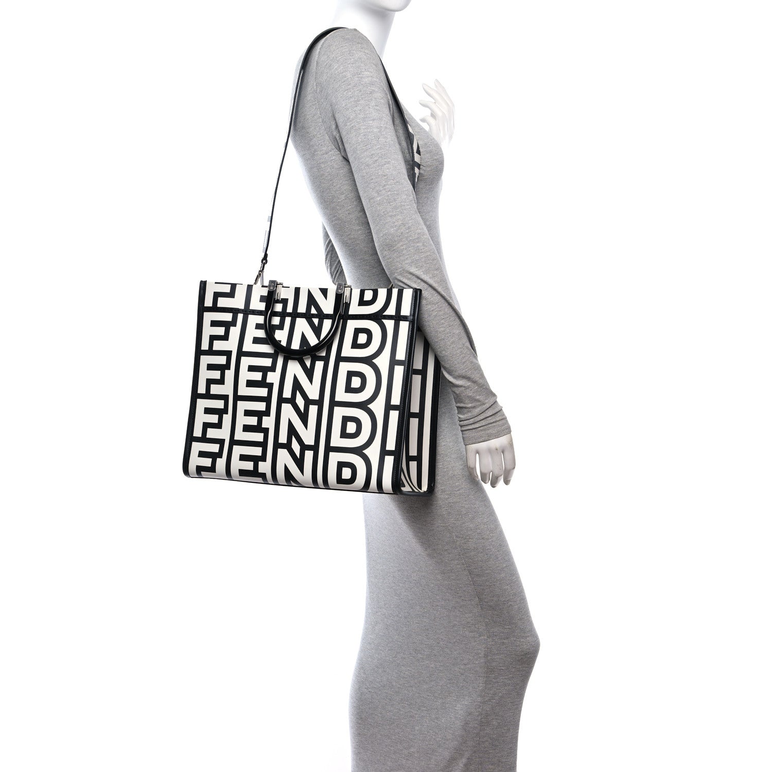 Fendi X MARC JACOBS Vitello King Logo Print Medium Fendi Sunshine Shopper Tote Black White 2 of 9