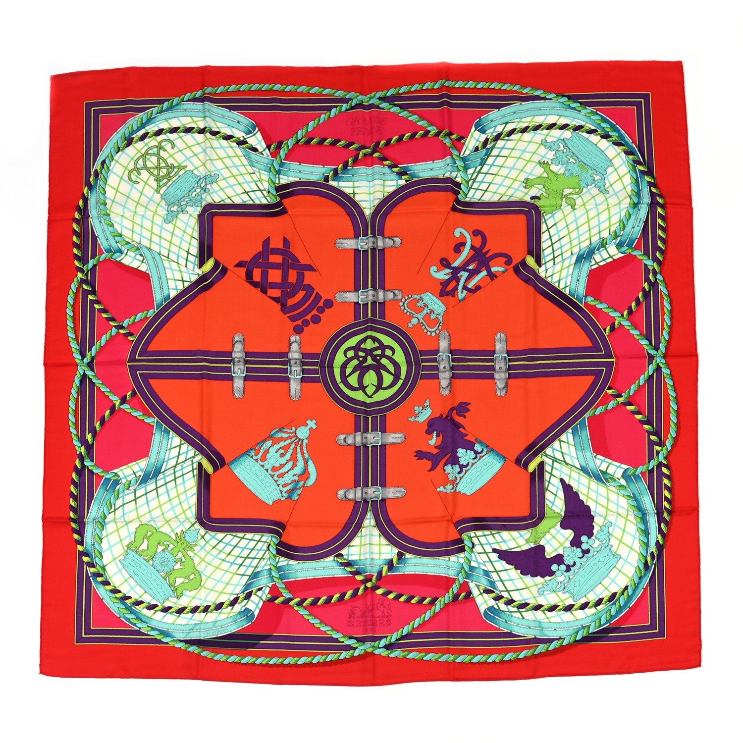Hermes Cashmere Silk Grande Tenue Shawl 140 Vermillon Orange Turquoise 1 of 5
