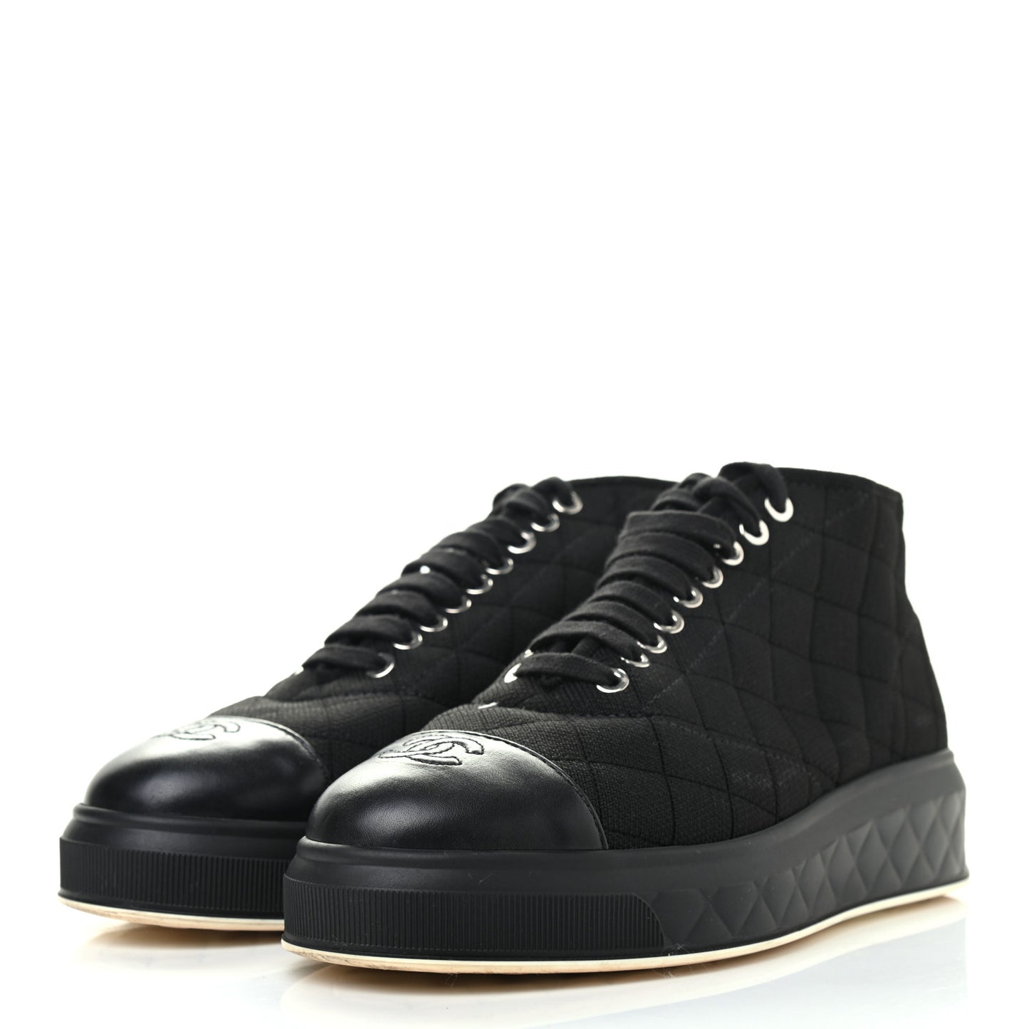 Fabric Quilted Lambskin Cap Toe Lace Up Sneakers 39.5 Black