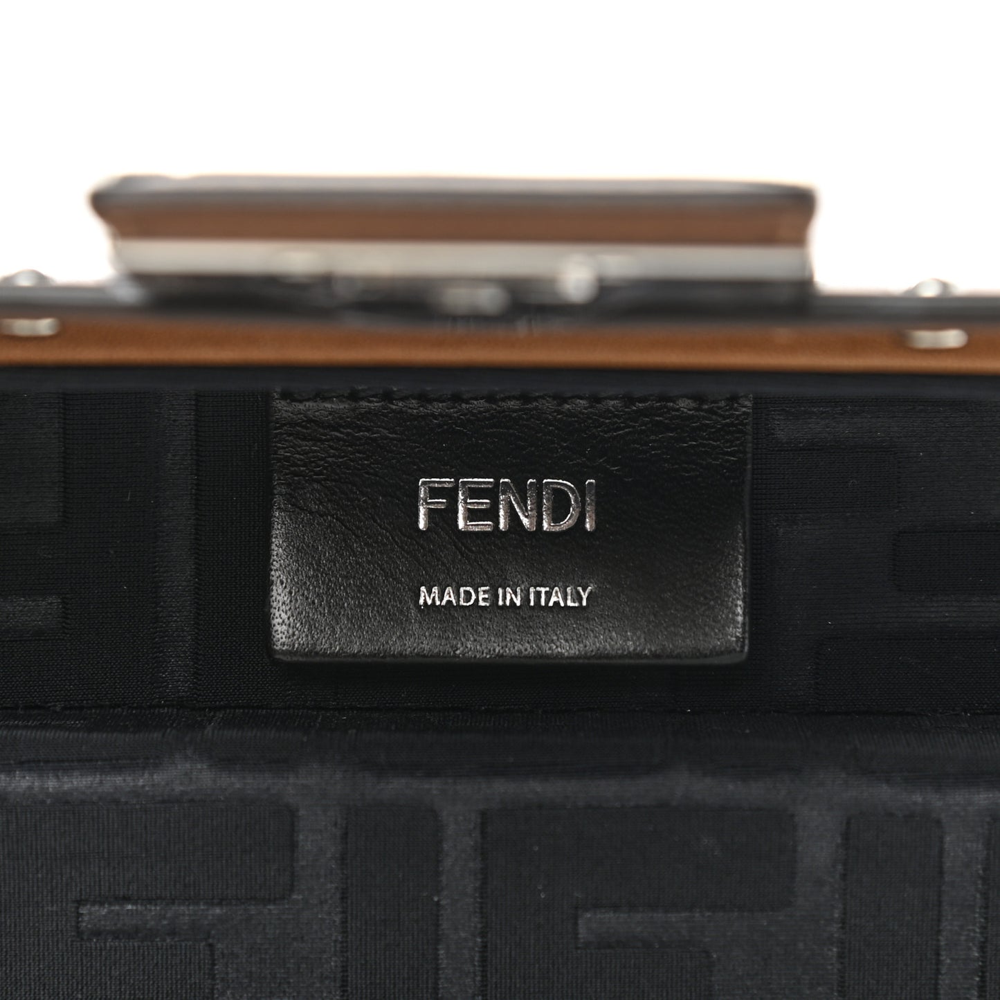 Shiny Glazed Fabric Vachetta FF 1974 Mini Baguette Trunk Mogano Panna Cuoio