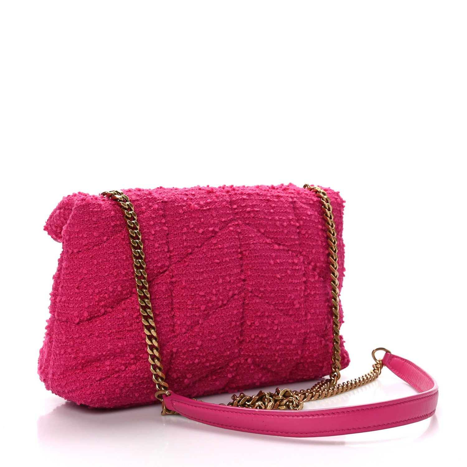 Saint Laurent Boucle Tweed Quilted Toy Loulou Puffer Monogram Chain Satchel Magenta 3 of 9