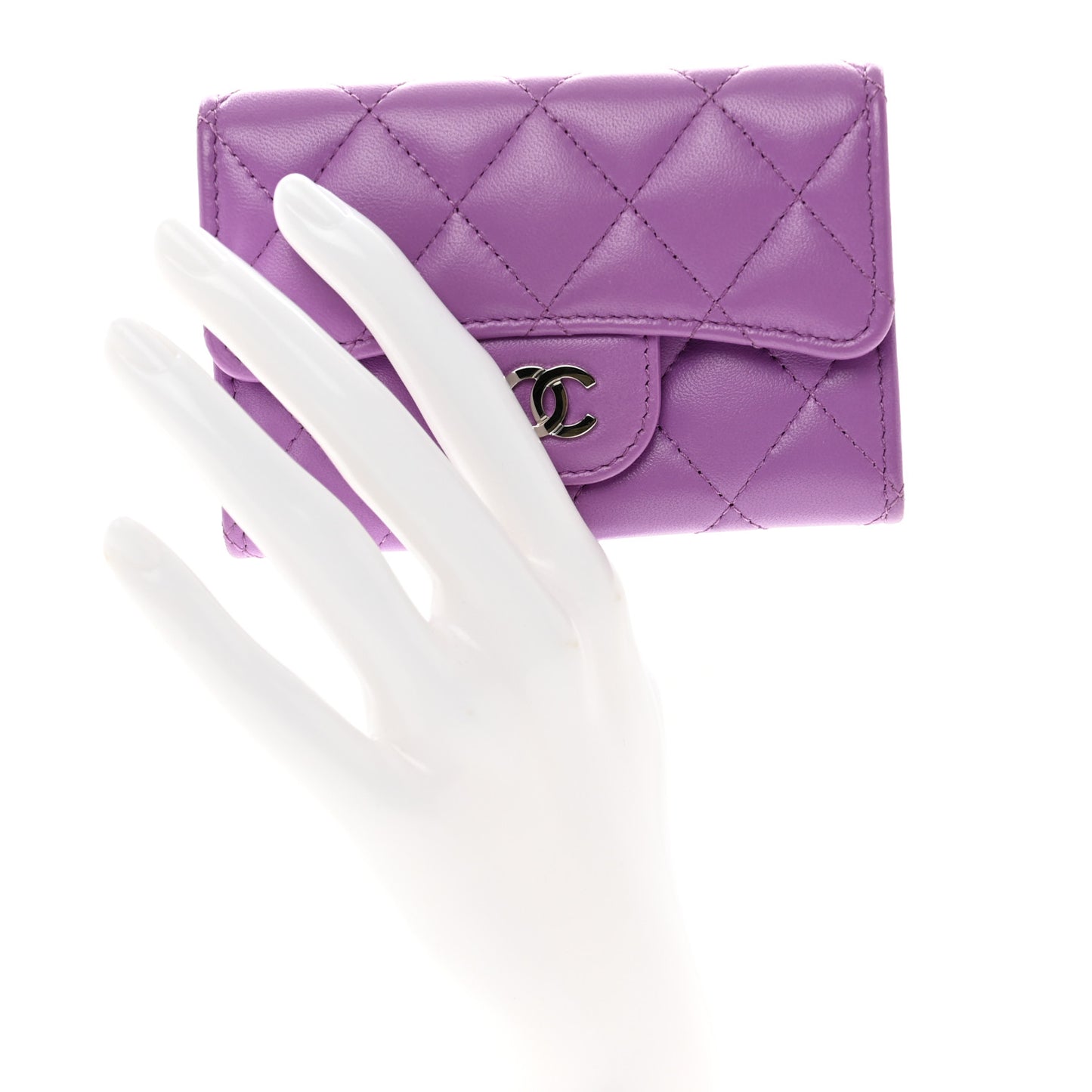 Lambskin Quilted Flap Card Holder Wallet Purple