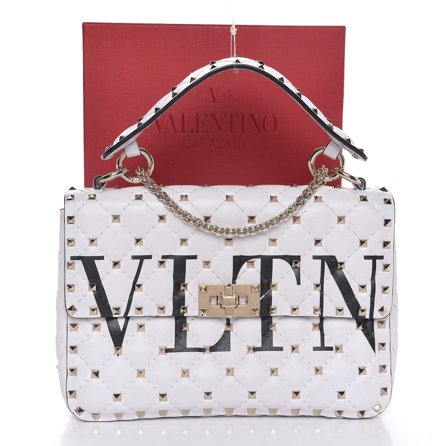 Lambskin VLTN Print Medium Rockstud Spike Shoulder Bag Optic White Black