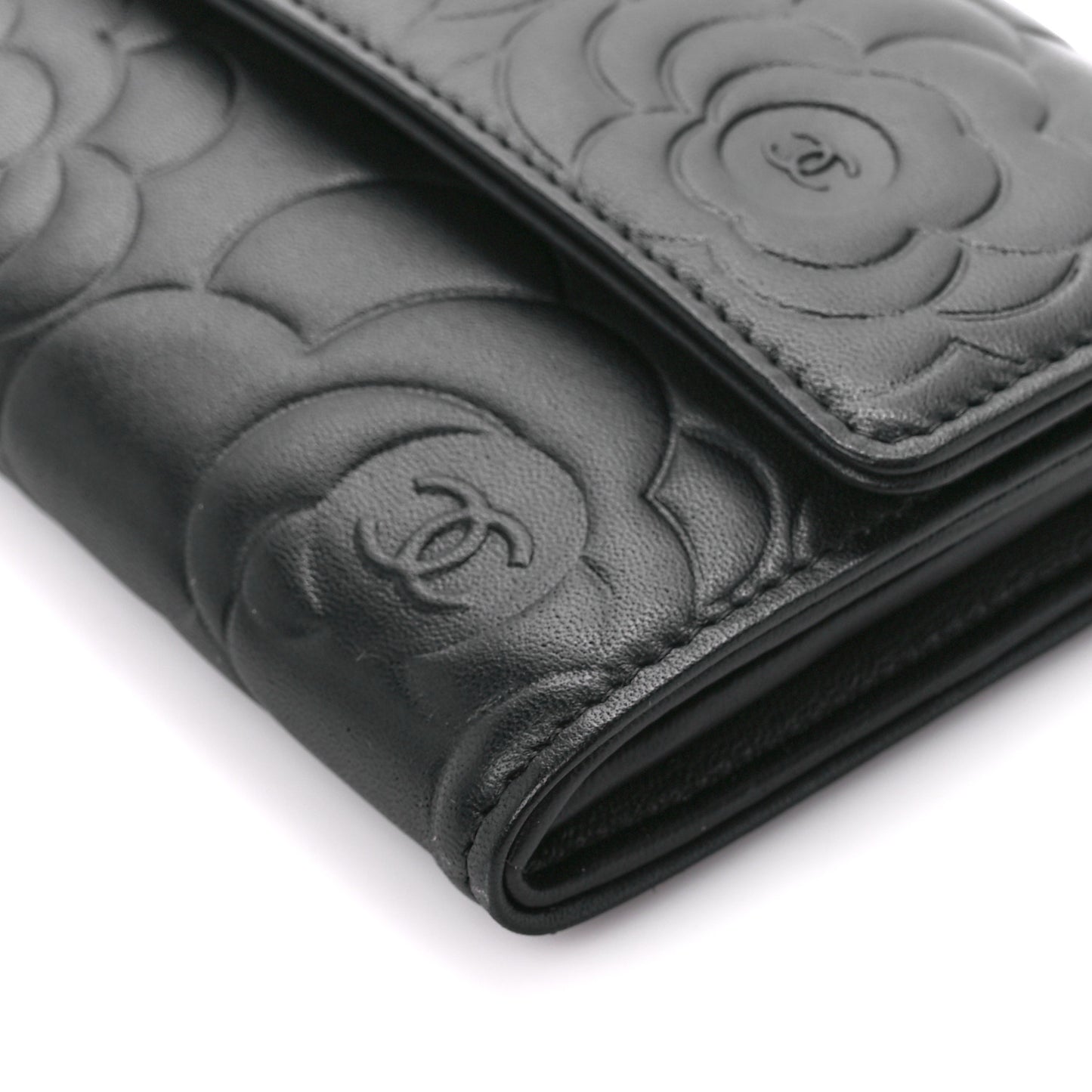 Lambskin Camellia Embossed Large Flap Wallet Black