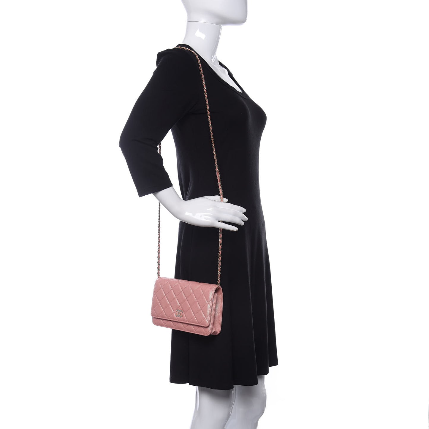 Iridescent Caviar Quilted Wallet on Chain WOC Rose Pink