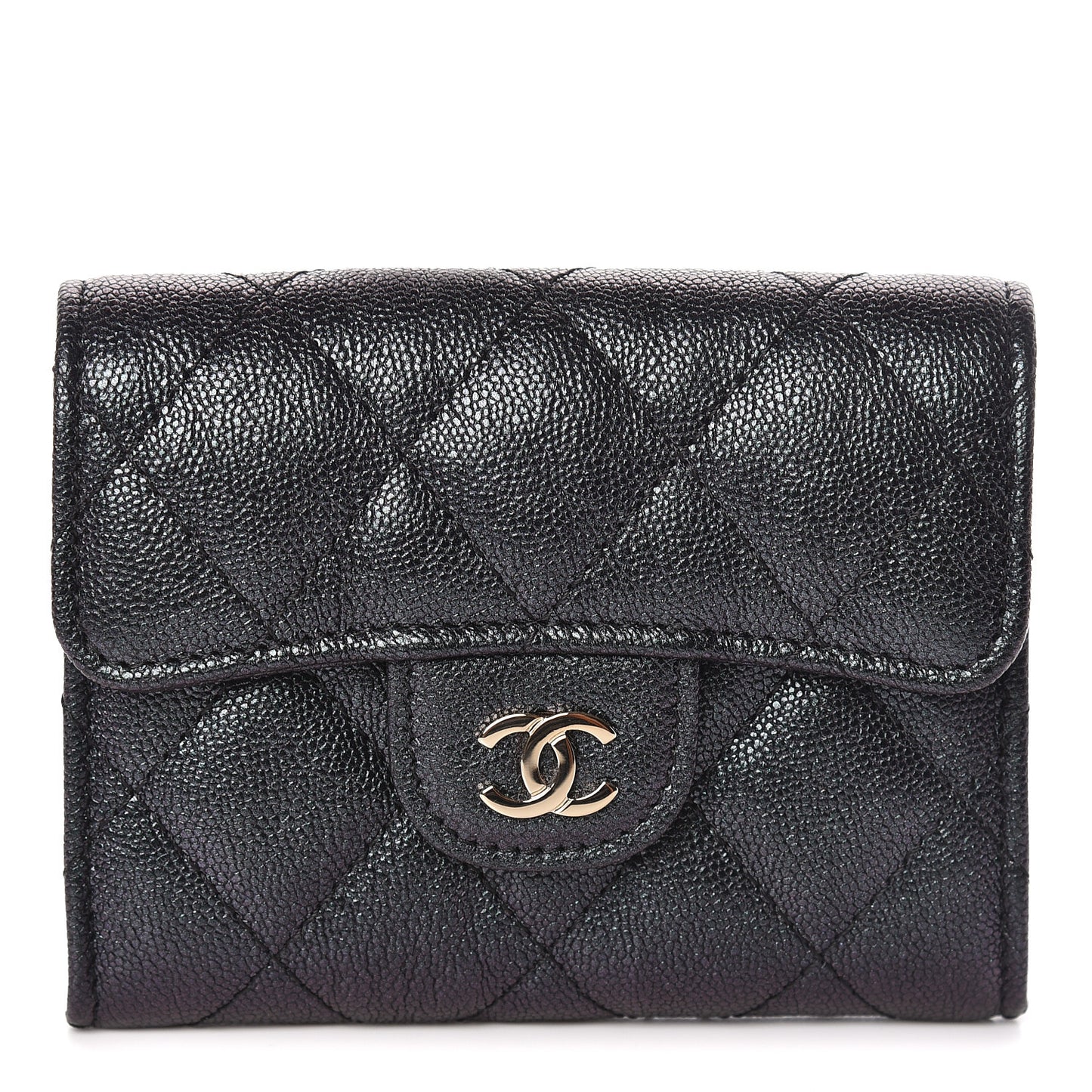 Iridescent Caviar Quilted Flap Card Holder Wallet Black