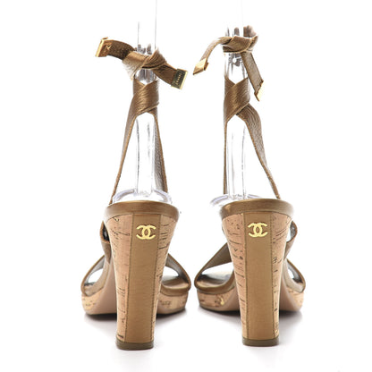 Chanel Calfskin Cork CC Ankle Strap Sandals 37.5 Beige Clair 5 of 9