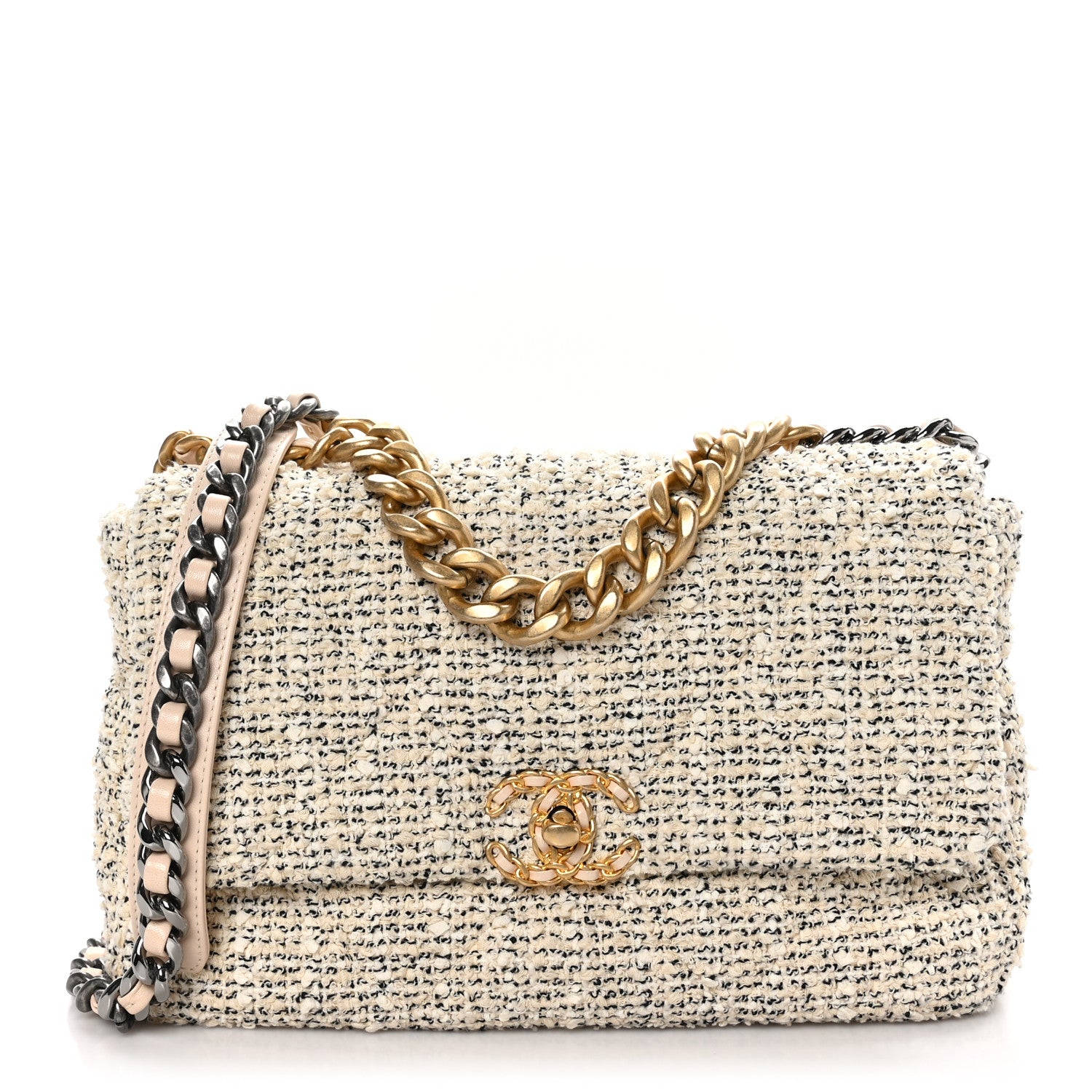 Chanel Tweed Quilted Large Chanel 19 Flap Ecru Black 1 of 11