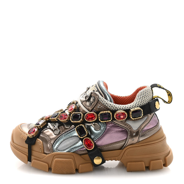 GUCCI フラッシュトレックサンダル 7 1/2 Gucci X SEGA Metallic Calfskin Mesh Removable Crystals Womens