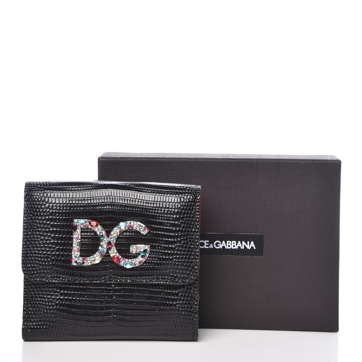 Dolce & Gabbana Iguana Calfskin Embossed Embellished Logo French Flap Wallet Black 10 of 10
