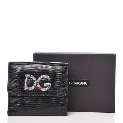 Dolce & Gabbana Iguana Calfskin Embossed Embellished Logo French Flap Wallet Black 10 of 10