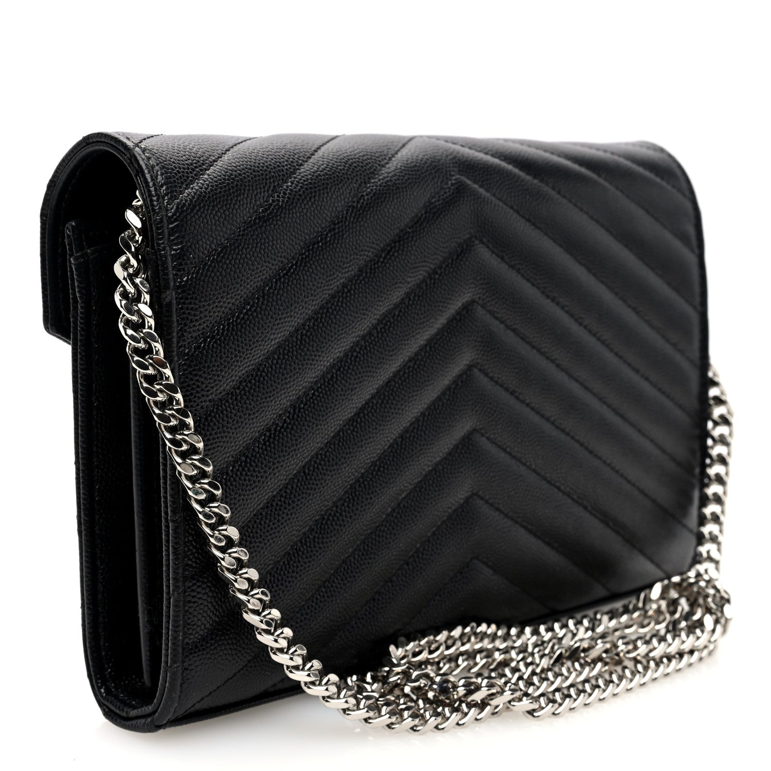 Saint Laurent Grain De Poudre Matelasse Chevron Monogram Chain Wallet Black 3 of 10
