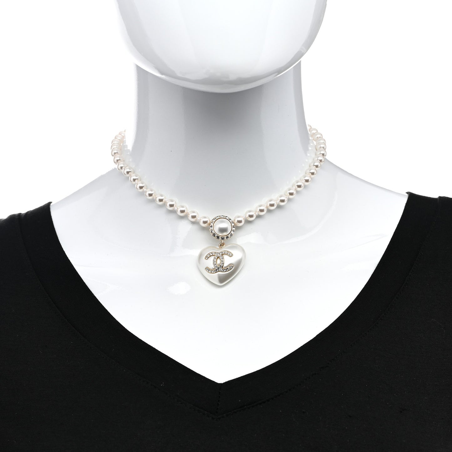 Pearl Crystal CC Heart Short Necklace Pearly White Gold