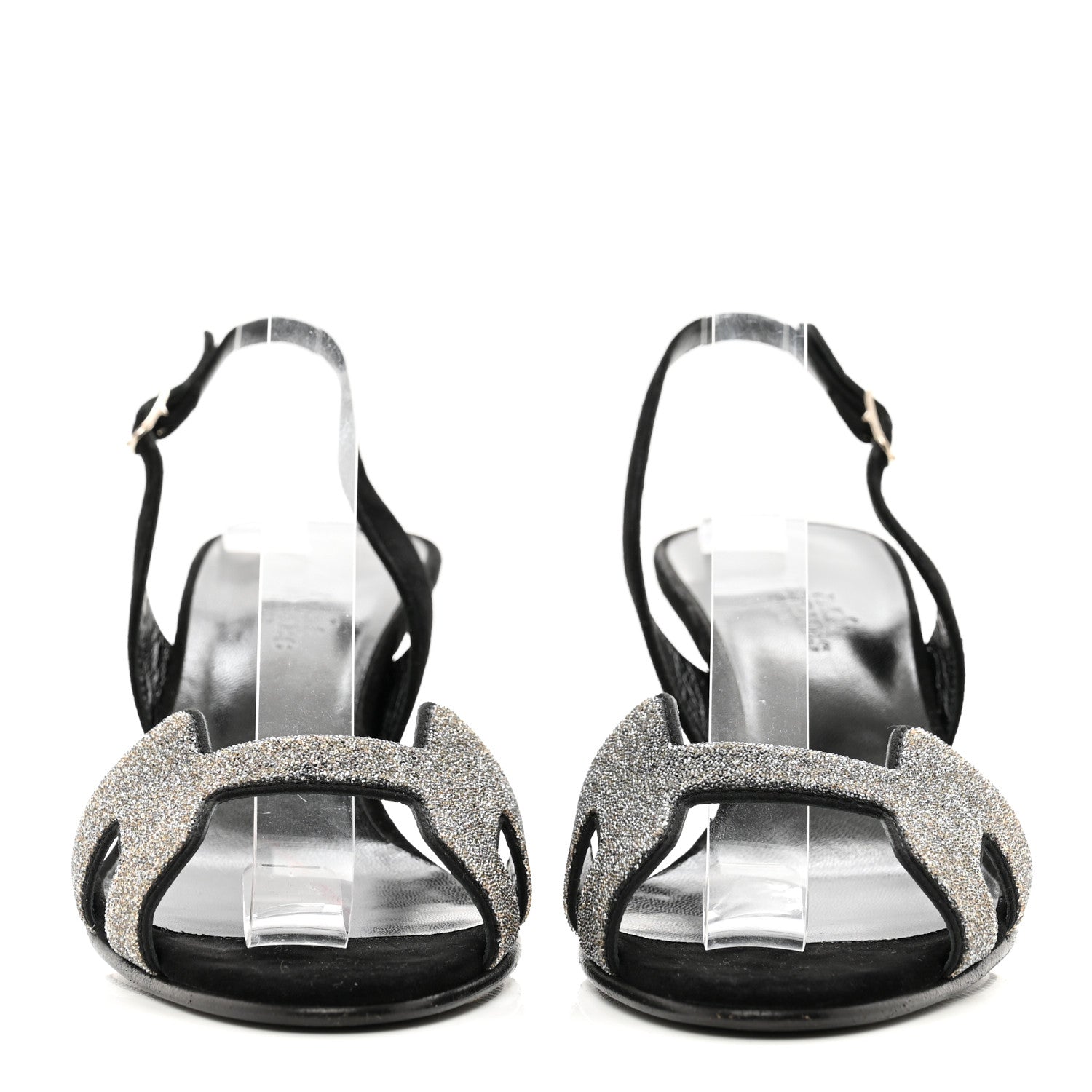 Hermes Velour Goatskin Crystal Poudre Night 70 Slingback Sandals 38 Argent Black 2 of 8