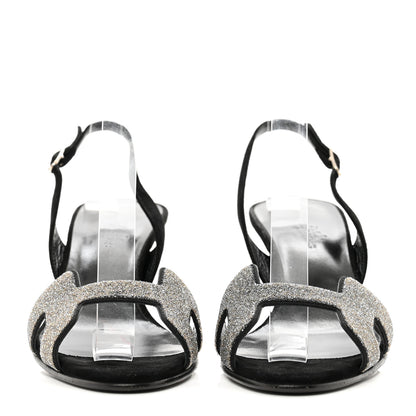 Hermes Velour Goatskin Crystal Poudre Night 70 Slingback Sandals 38 Argent Black 2 of 8