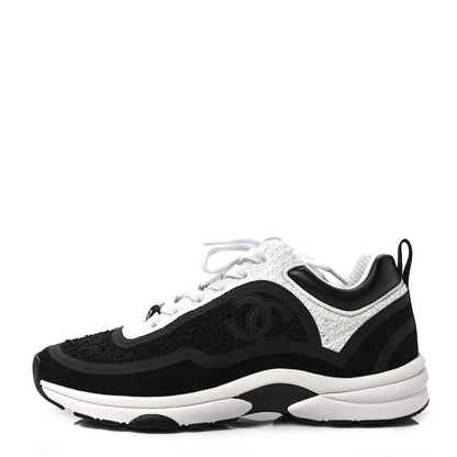Chanel Tweed Suede Calfskin CC Sneakers 38 Black White 1 of 6