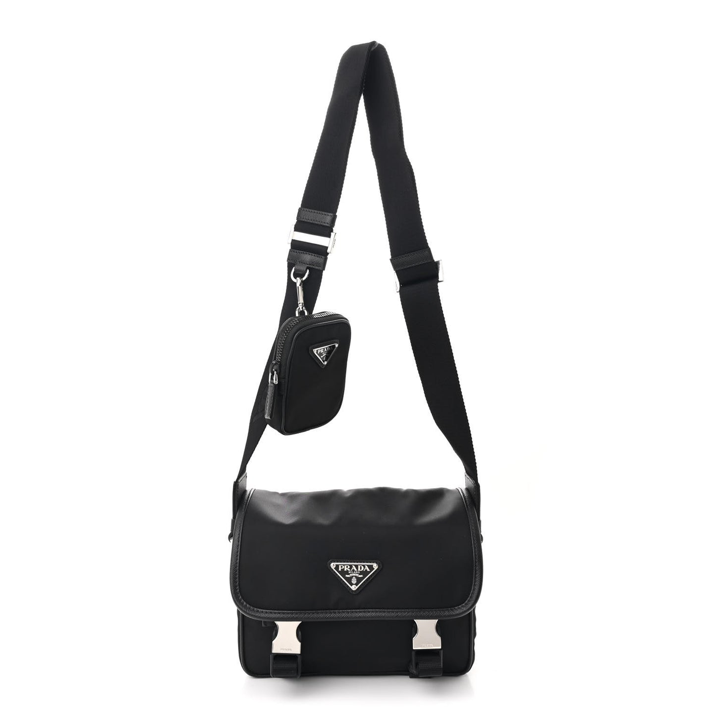 Re-Nylon Saffiano Pocket Double Snap Buckle Shoulder Bag Black