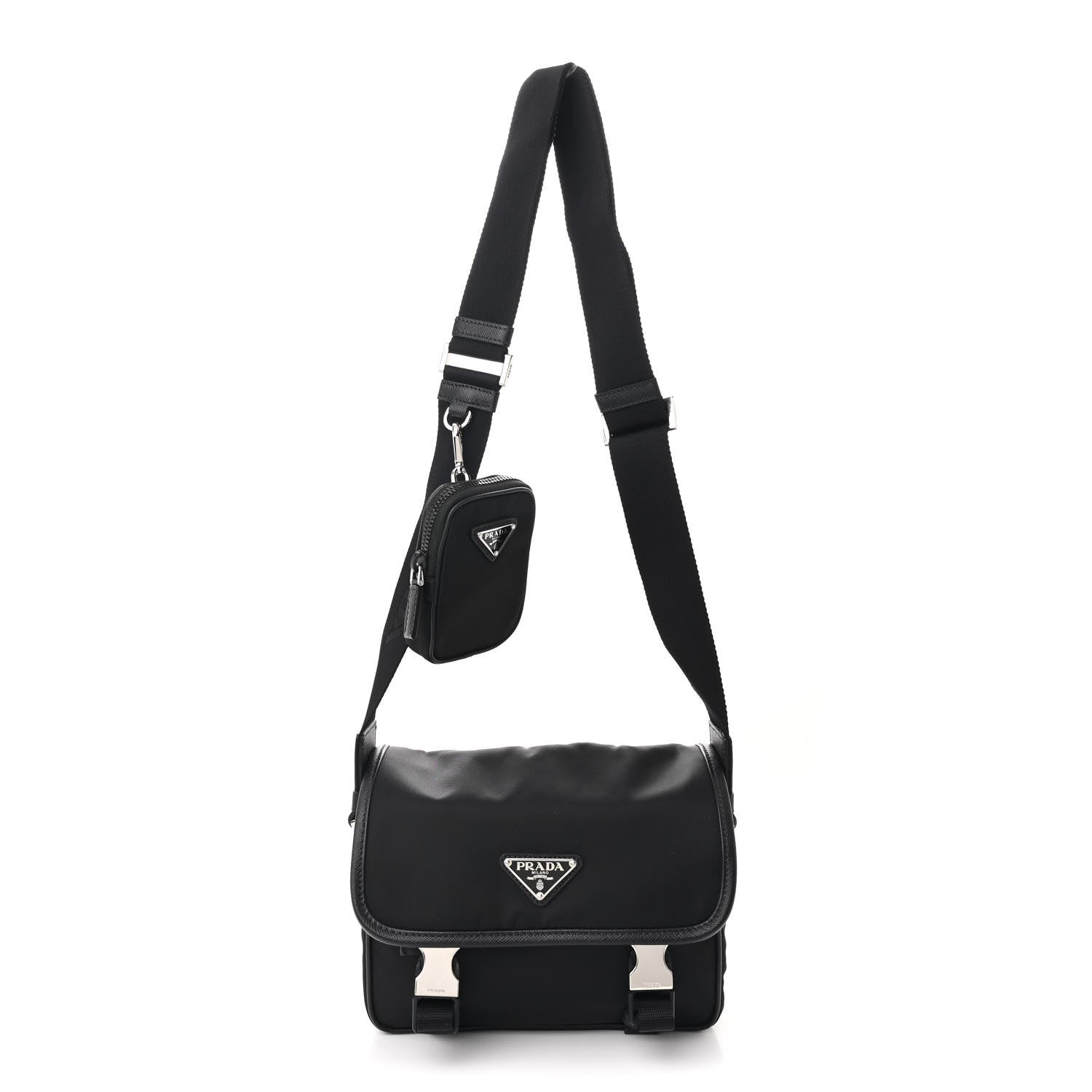 Prada Re-Nylon Saffiano Pocket Double Snap Buckle Shoulder Bag Black 1 of 12