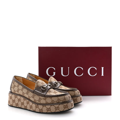 Gucci Monogram Horsebit Calfskin Womens Horsebit Wedge Platform Loafers 41 Beige Ebony 10 of 10