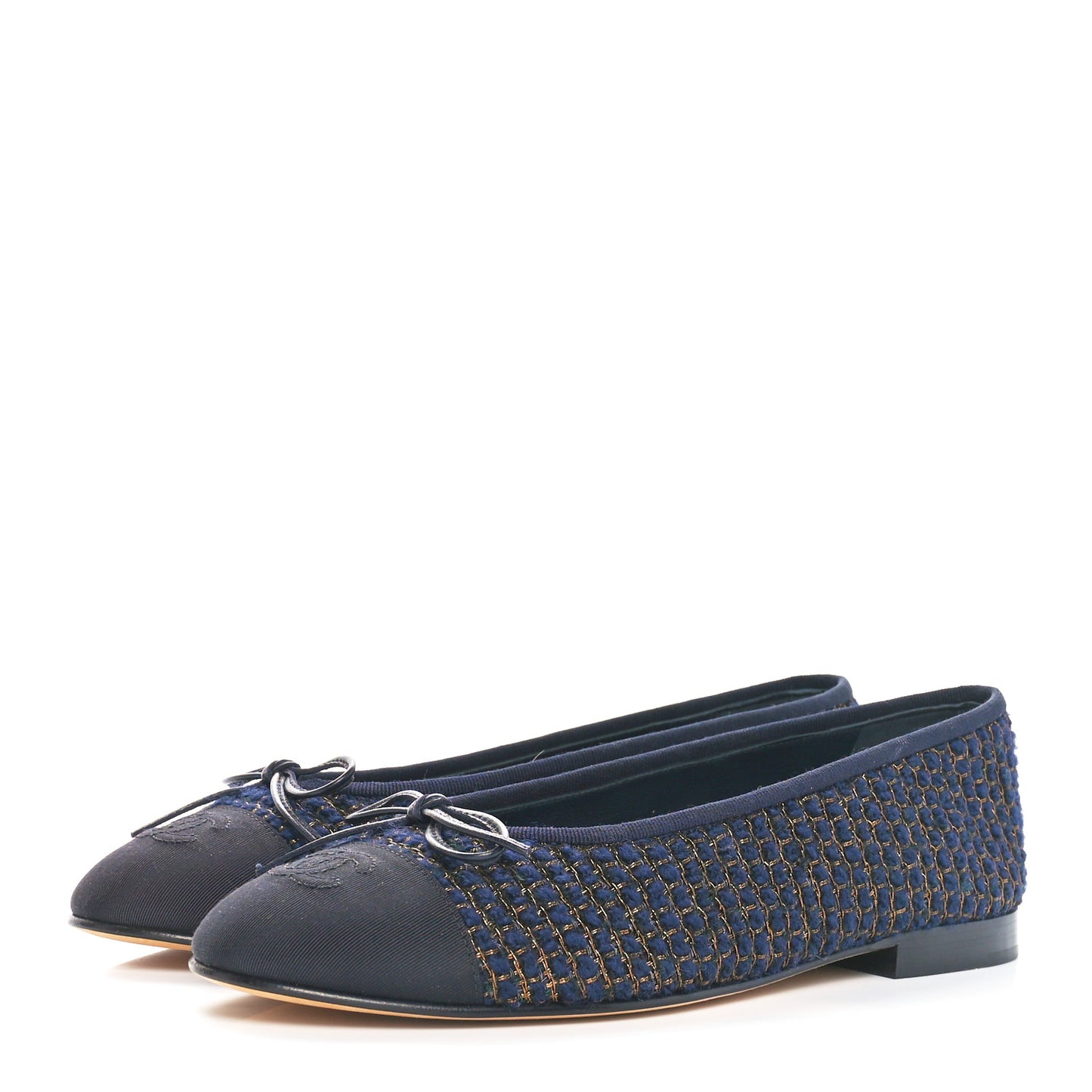 Cotton Tweed Grosgrain Cap Toe Ballerina Flats 37.5 Navy Gold Green