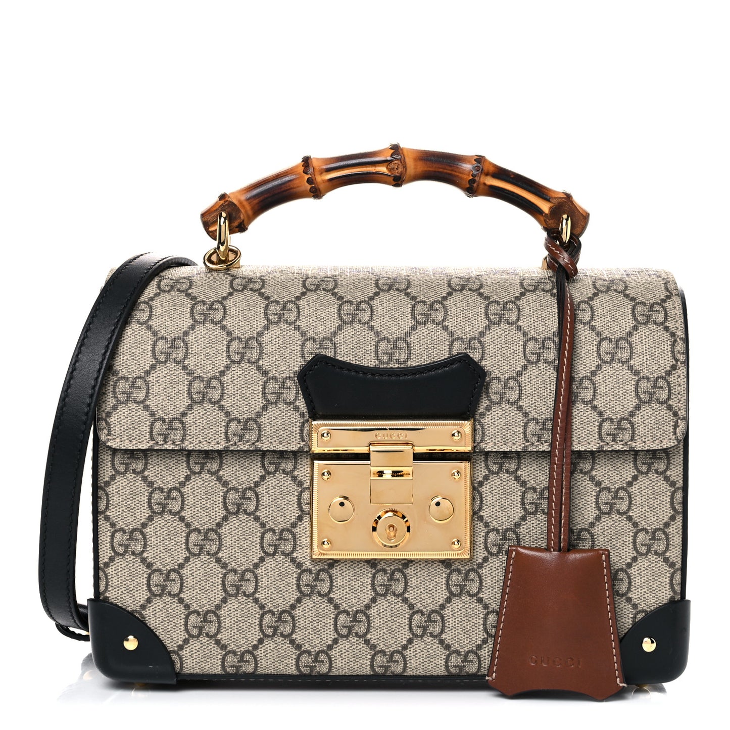 GG Supreme Monogram Small Padlock Bamboo Shoulder Bag Beige Black Cuir