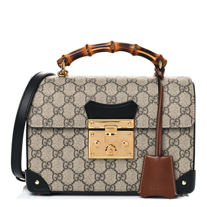 Gucci GG Supreme Monogram Small Padlock Bamboo Shoulder Bag Beige Black Cuir 1 of 16
