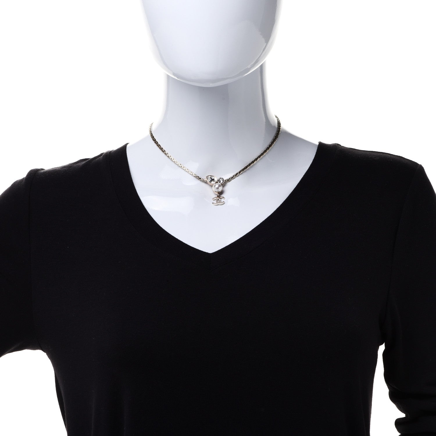 Chanel Pearl Crystal CC Teardrop Braided Necklace Gold 2 of 6