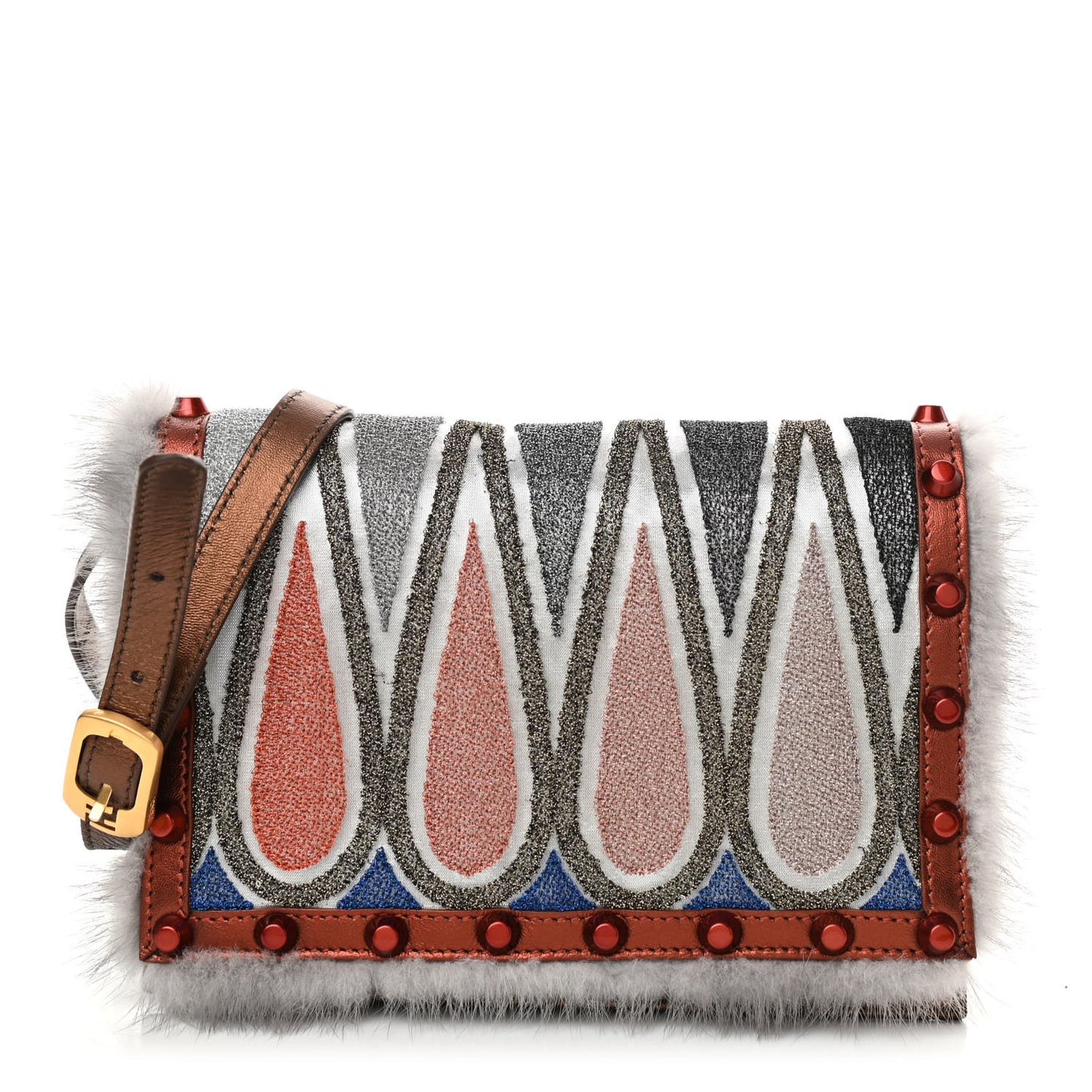 Metallic Calfskin Lame Mink Studded Daisy Clutch Multicolor