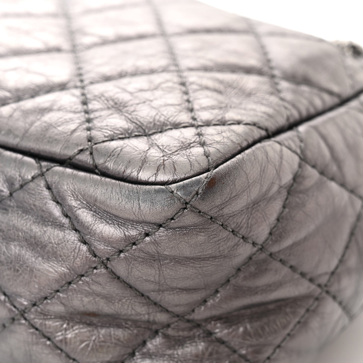 Metallic Aged Calfskin Quilted Medium Reissue Camera Case Dark Silver